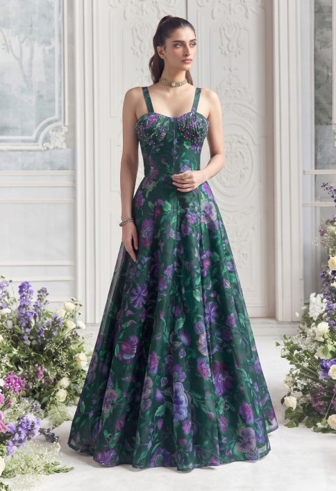 Green Floral Tabby Organza Party Wear Lehenga Set
